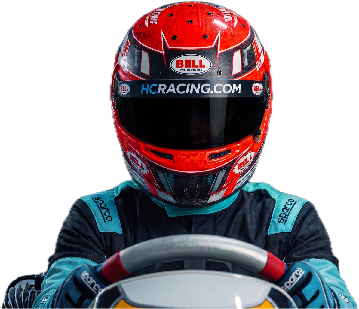Hadi Chaudry in red Bell helmet and Sparco racing suit